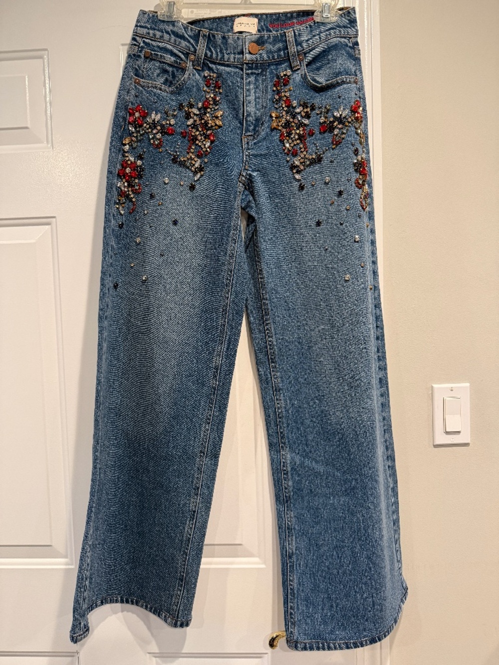 Alice + Olivia Amazing Crystal Embellished Detail Baggy Wide Leg Jeans size 26 - Picture 2 of 10